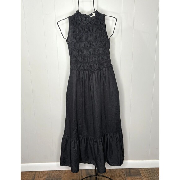 Boden Smocked Linen Midi Women's Dress Sz 2 Black Long High Neck Sleeveless - Picture 1 of 7
